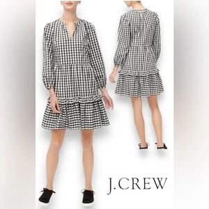 J. Crew Cotton Poplin Tiered Ruffle Mini Dress Black White Ruffled Gingham S